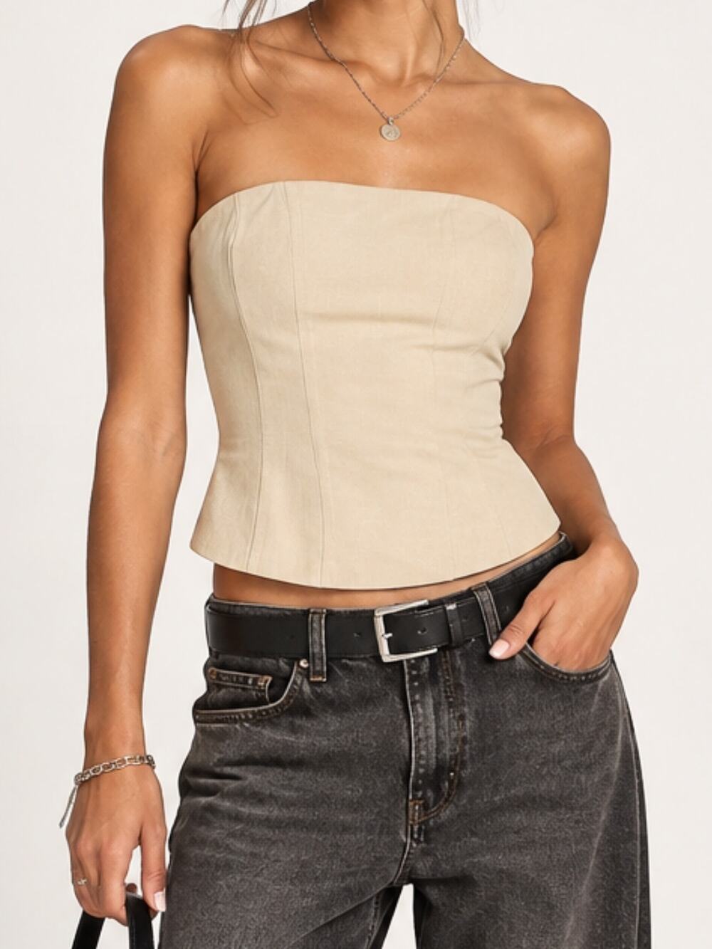 PrettyLittleThing Khaki Beige Strapless Corset Bustier Top Going Out Y2K Size 4